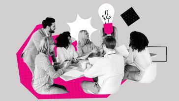 A collage of employees around a table, refreshed and engaged because of great wellbeing programs. 